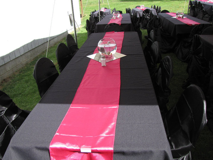 Black Table Cloth, Tables, Chairs, Fushia Runner, Fish Bowl